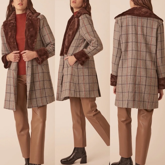 FRENCHMAUVE Eva Faux Fur Trimmed Plaid Coat from Anthropologie - Size Large